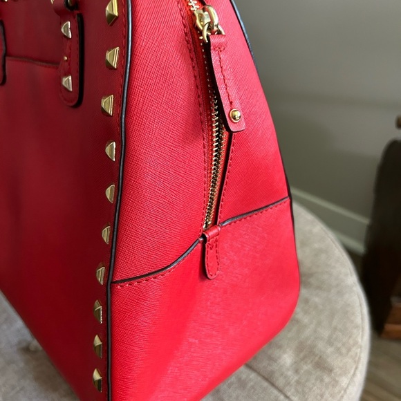 MICHAEL KORS Sandrine Gold Studded Satchel‎ Shoulder Bag/Purse Red - Picture 5 of 13